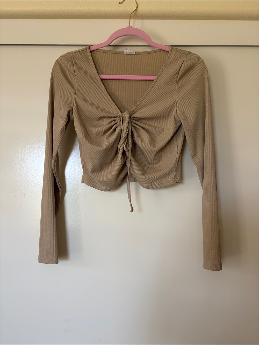 Cotton On Taupe Ruched Tie-Front Long Sleeve Crop Top